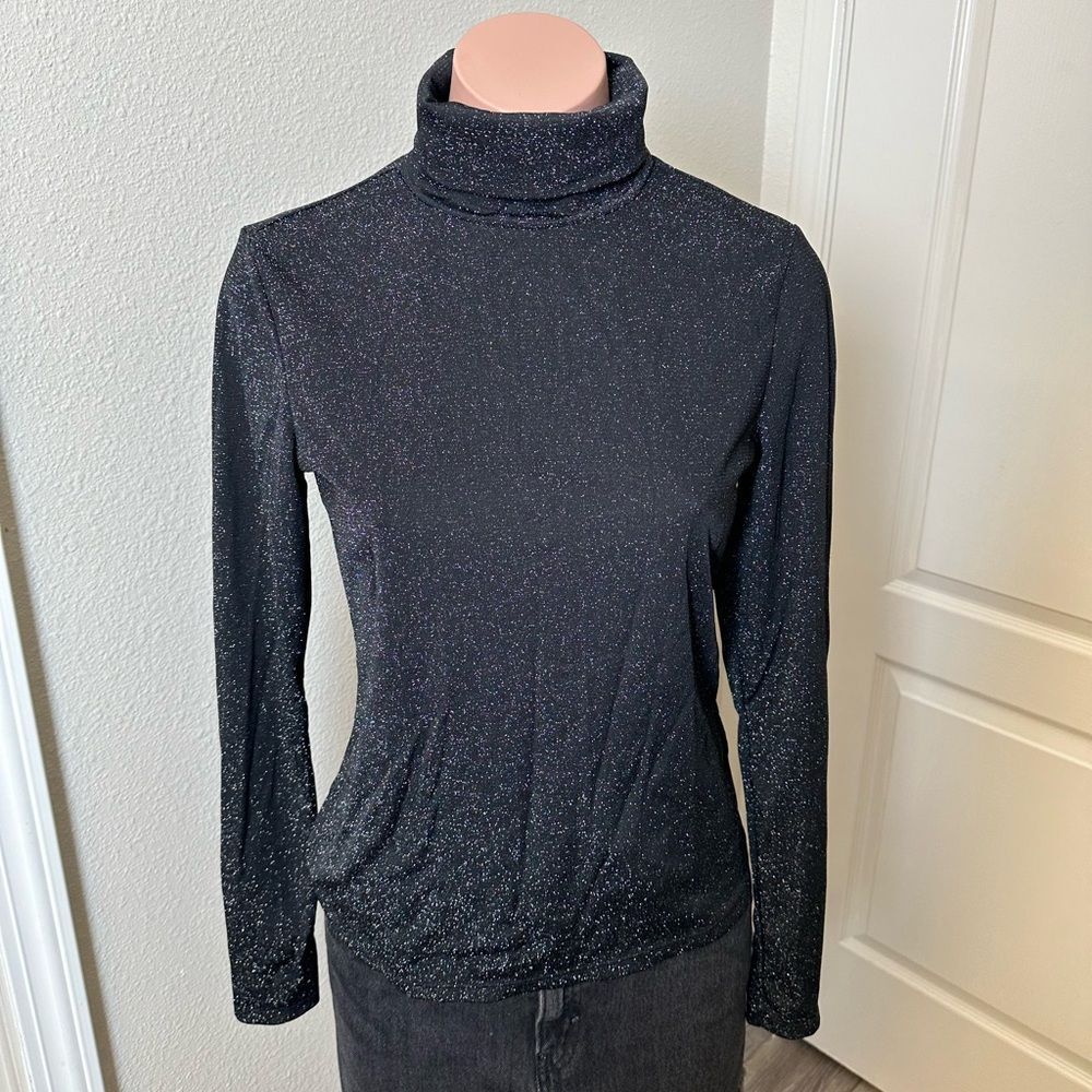 H&M Sparkly Mesh Black Turtleneck Long Sleeve Top Sz M